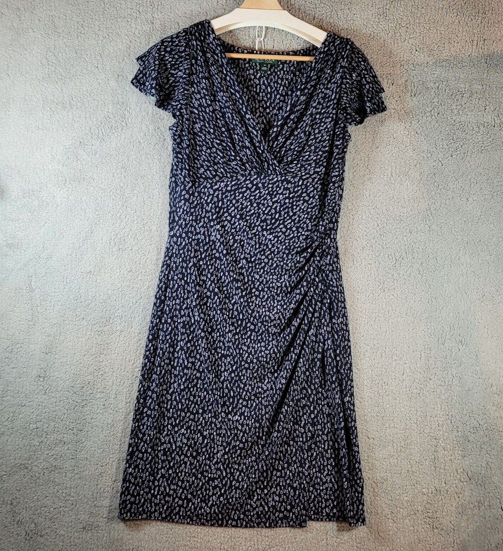 Lauren Ralph Lauren Womens 10 Navy Print Faux Wrap Stretch Sheath Dress Workwear